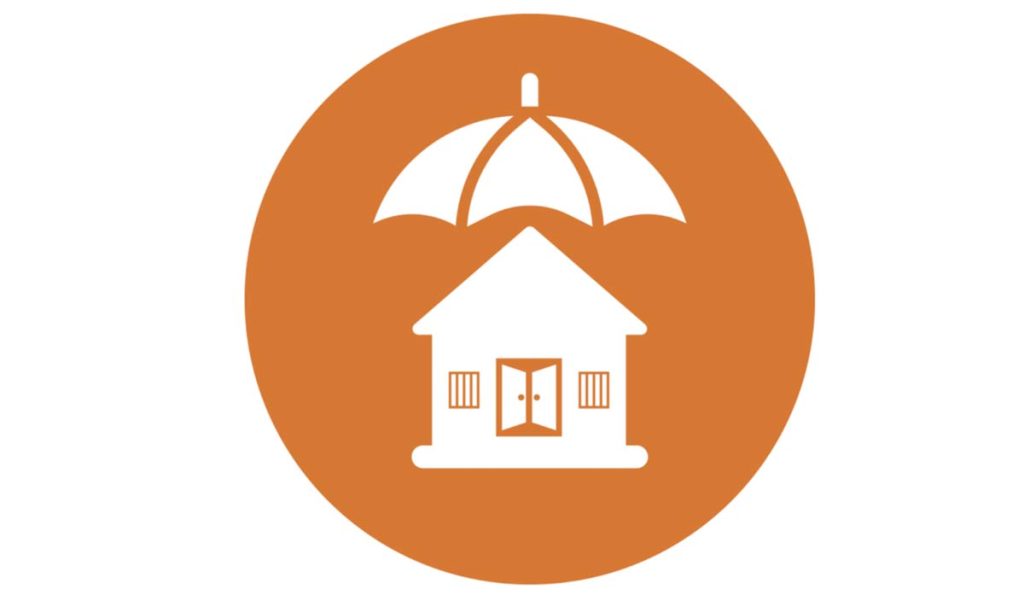 White house icon under an umbrella on orange circle background, symbolizing umbrella insurance coverage.