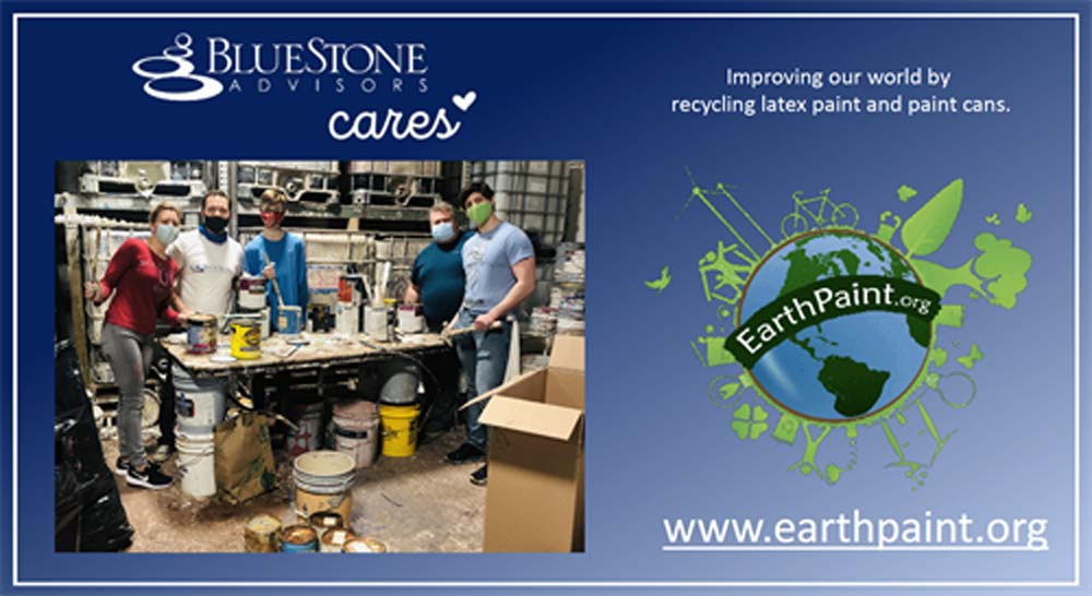 Team of BlueStone Advisors volunteering at EarthPaint.org, recycling paint and promoting environmental care.
